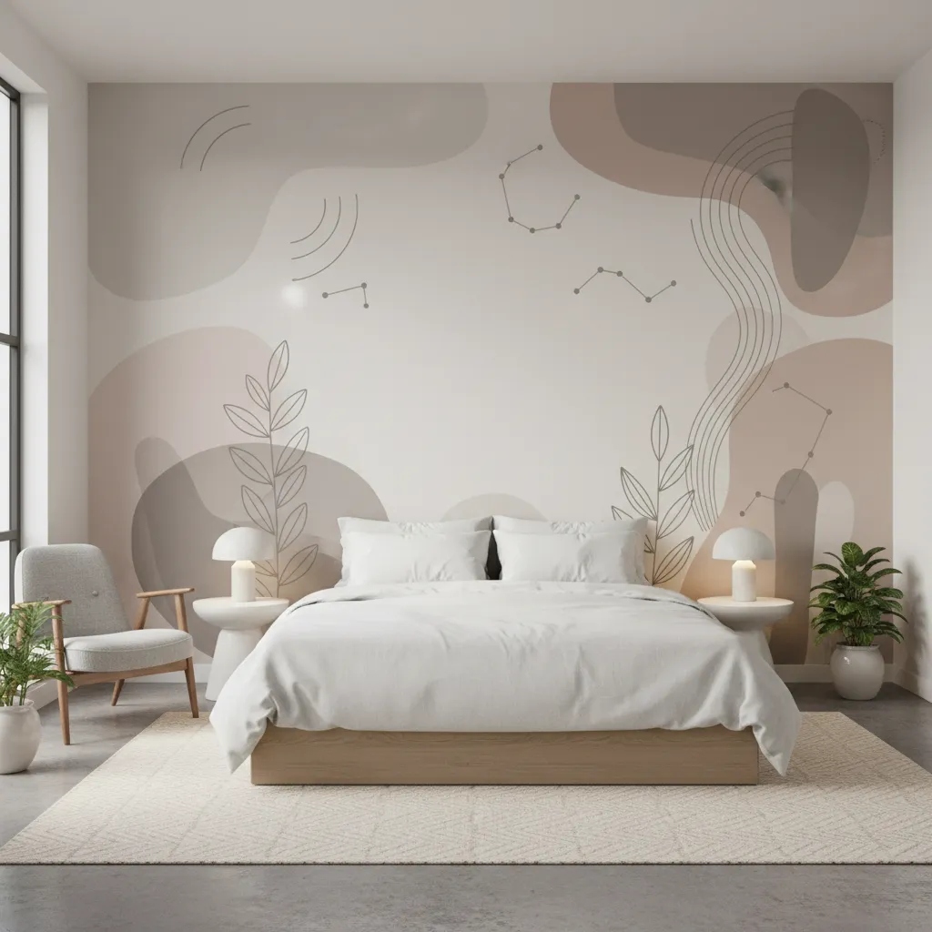 Dormitorio moderno con mural gráfico decorativo en la pared