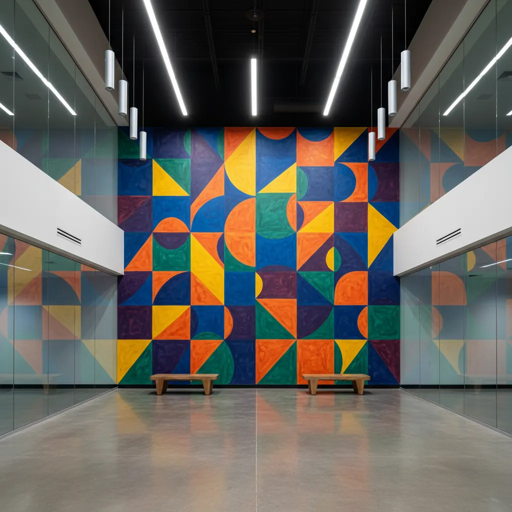 Gran mural gráfico decorativo en pared de un espacio comercial moderno
