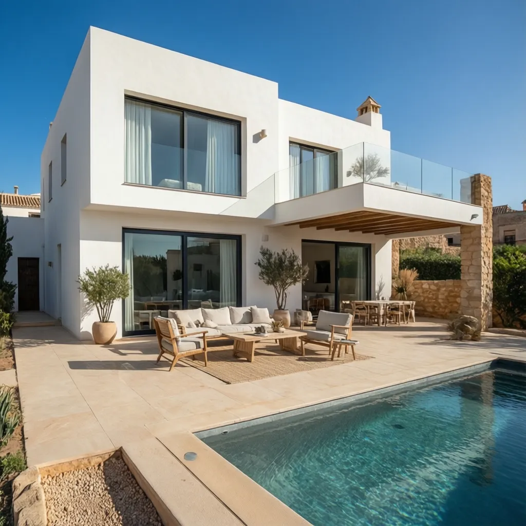 Modern white house with glass balcony outdoor patio furniture rug swimming pool and blue sky