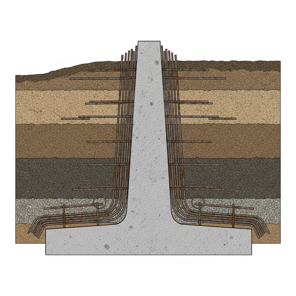 Sección estructural de un muro de contención de hormigón armado