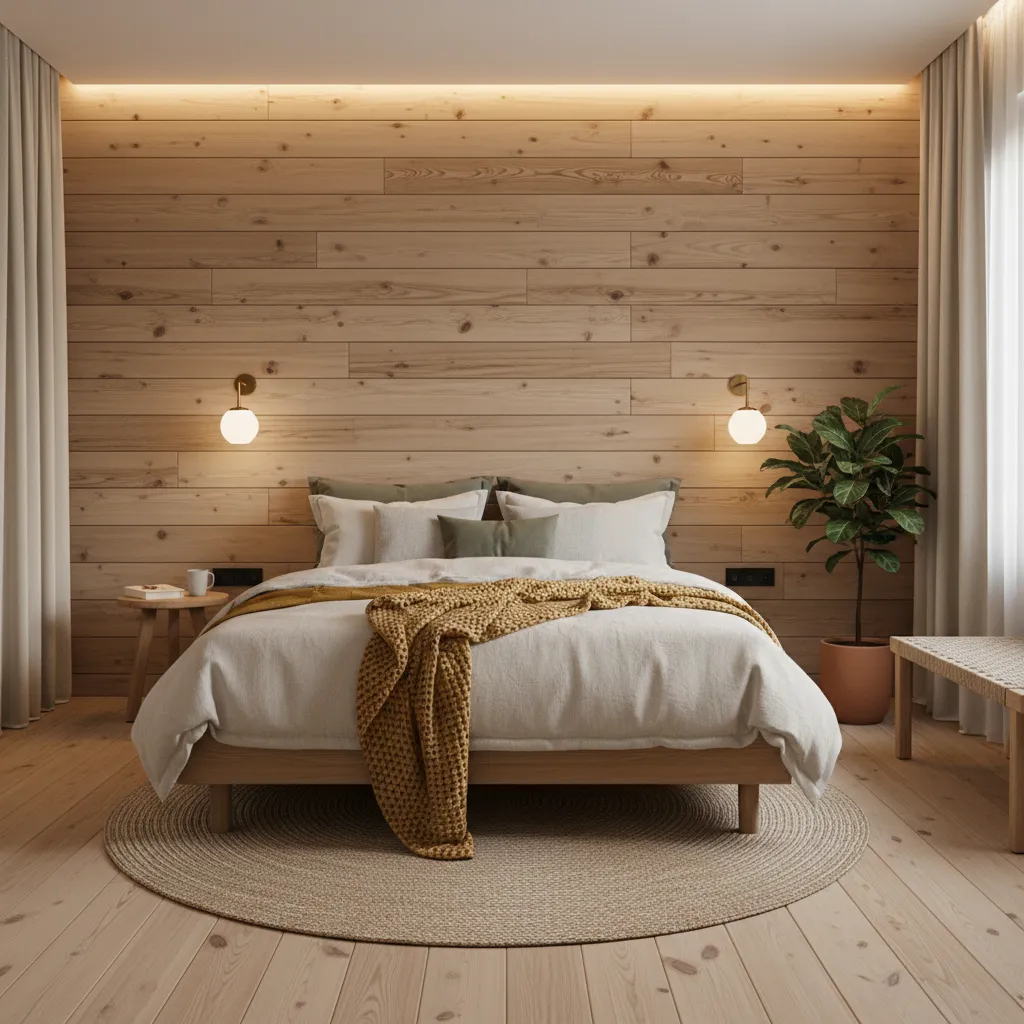 Dormitorio moderno con cabecero de pared de madera