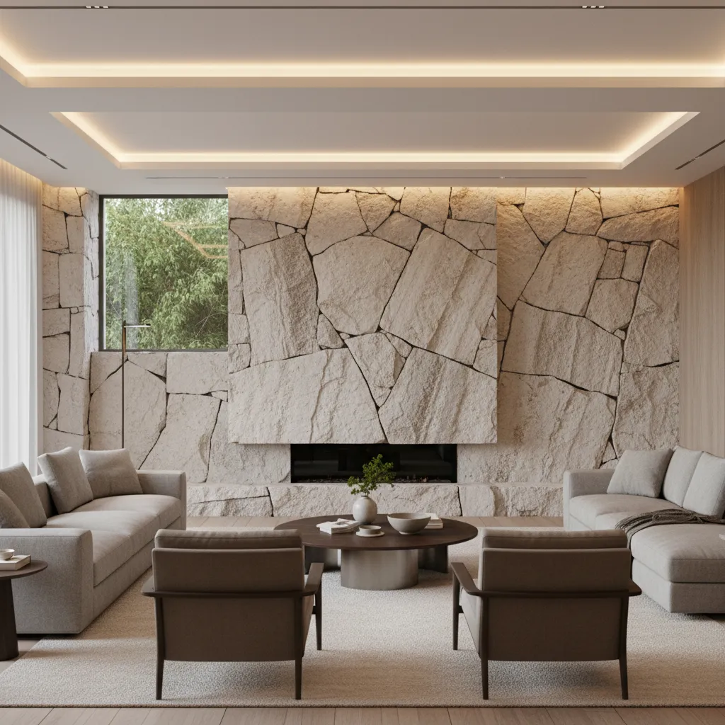 Salón con muro decorativo de piedra natural