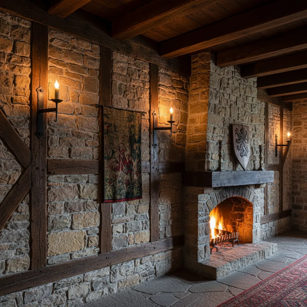 Pared de piedra con vigas de madera en un interior estilo castillo