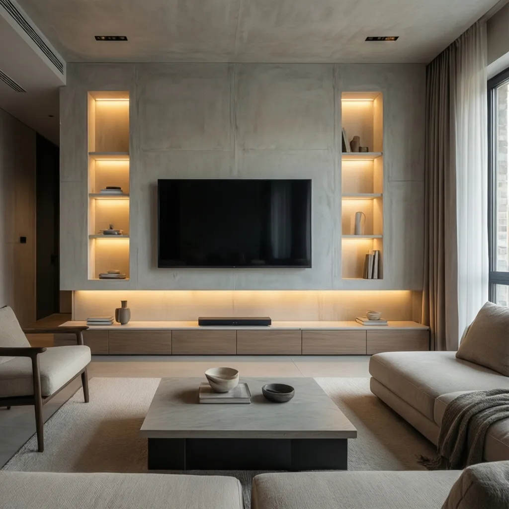 Muro de TV moderno construido con tablaroca y nichos decorativos