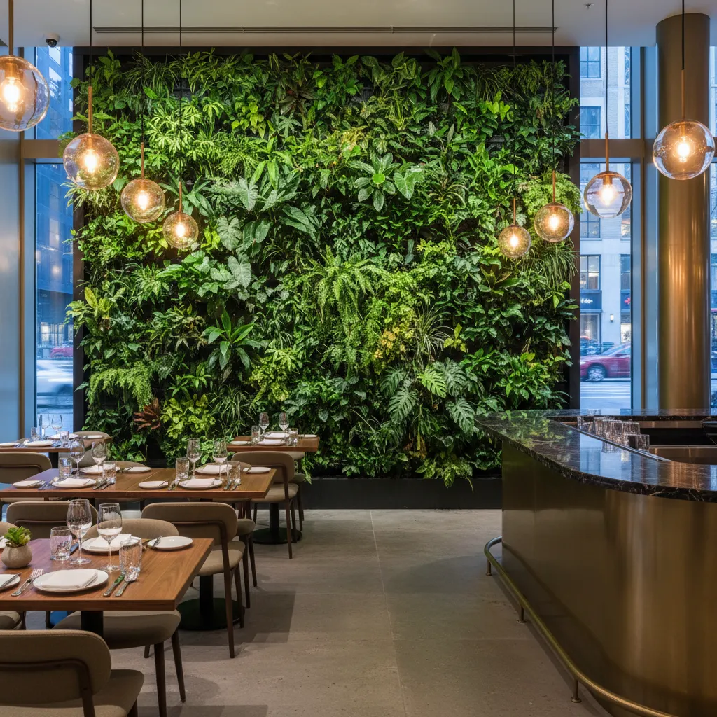 Pared vegetal decorativa dentro de un restaurante moderno