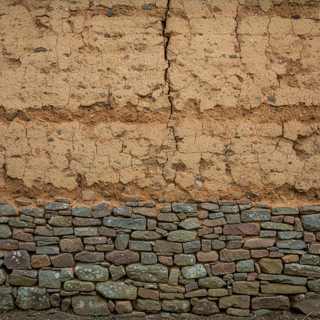 Traditional wall construction showing a rough stone base foundation and a cracked mud plaster surface