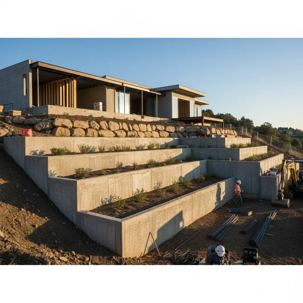 Concrete retaining walls built on a hillside during house construction with workers and heavy machinery
