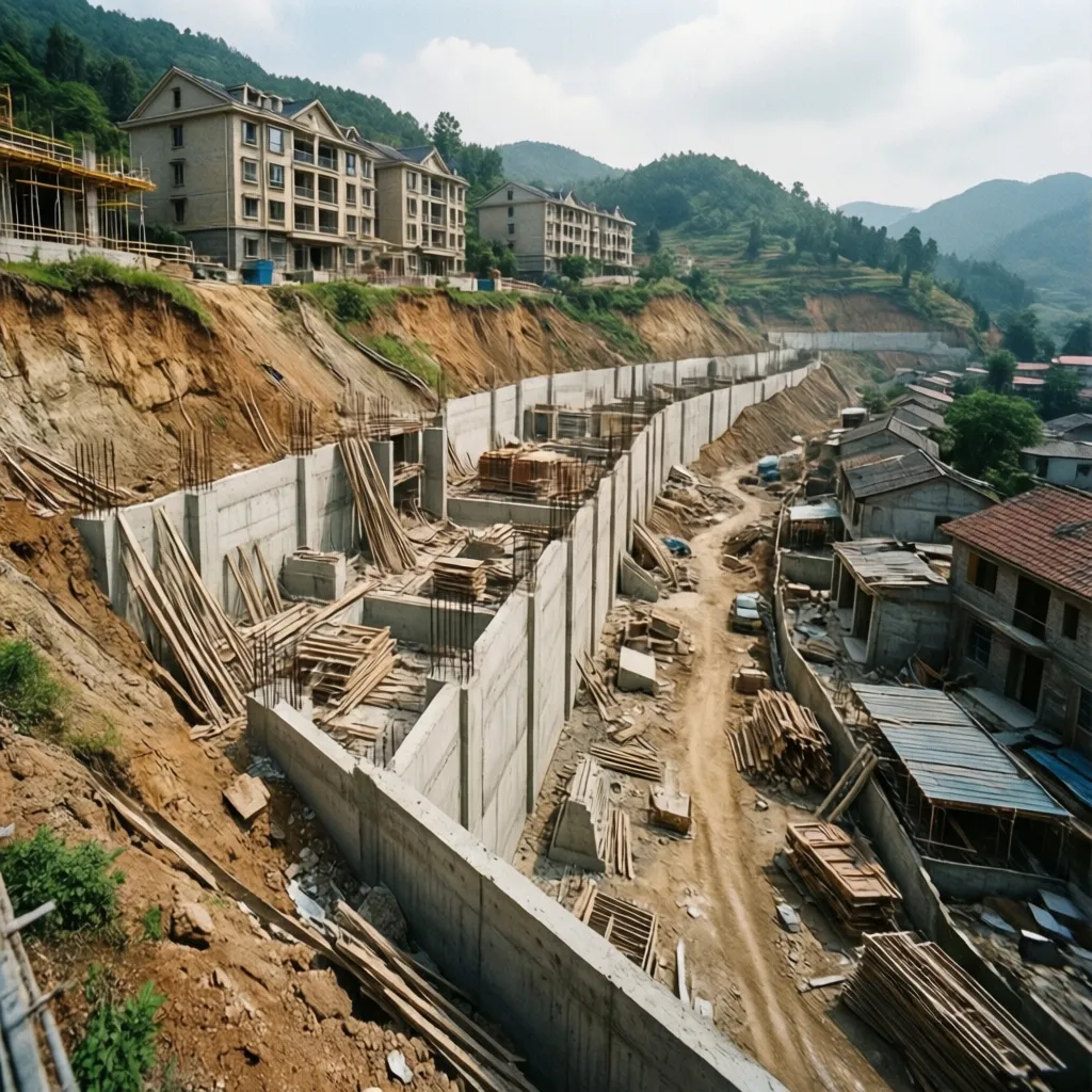 Construction site on a hill showing concrete retaining walls, wooden planks, and many residential buildings.