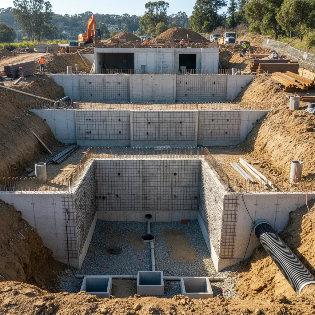 Ejemplo de muros de contención y drenaje en terreno inclinado