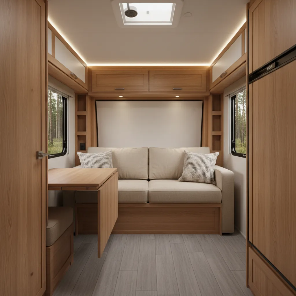 Murphy bed and convertible furniture inside a small RV