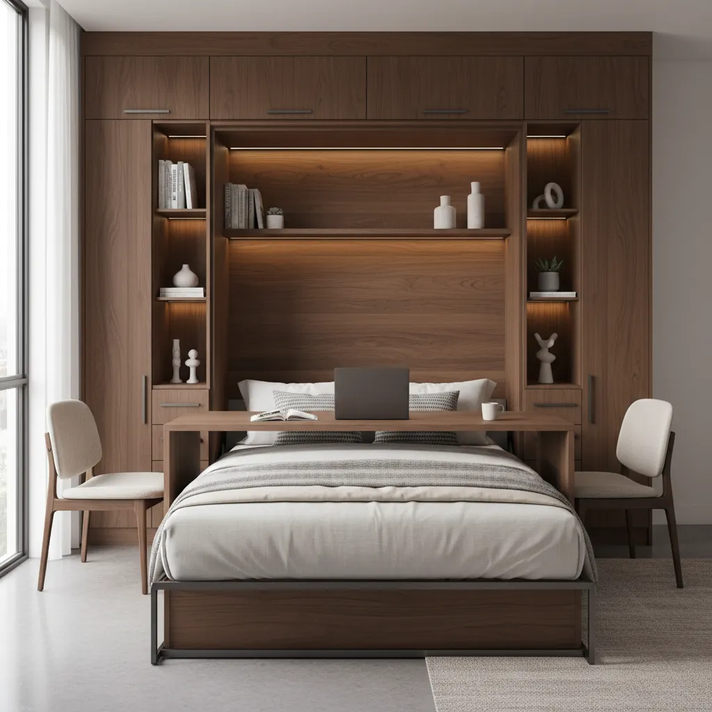 Modern bedroom interior design drawing showing wood cabinet with open wall bed and simple desk