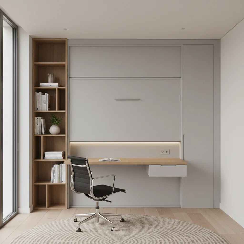 Folding wall bed in closed position with a desk and black chair in minimalist room