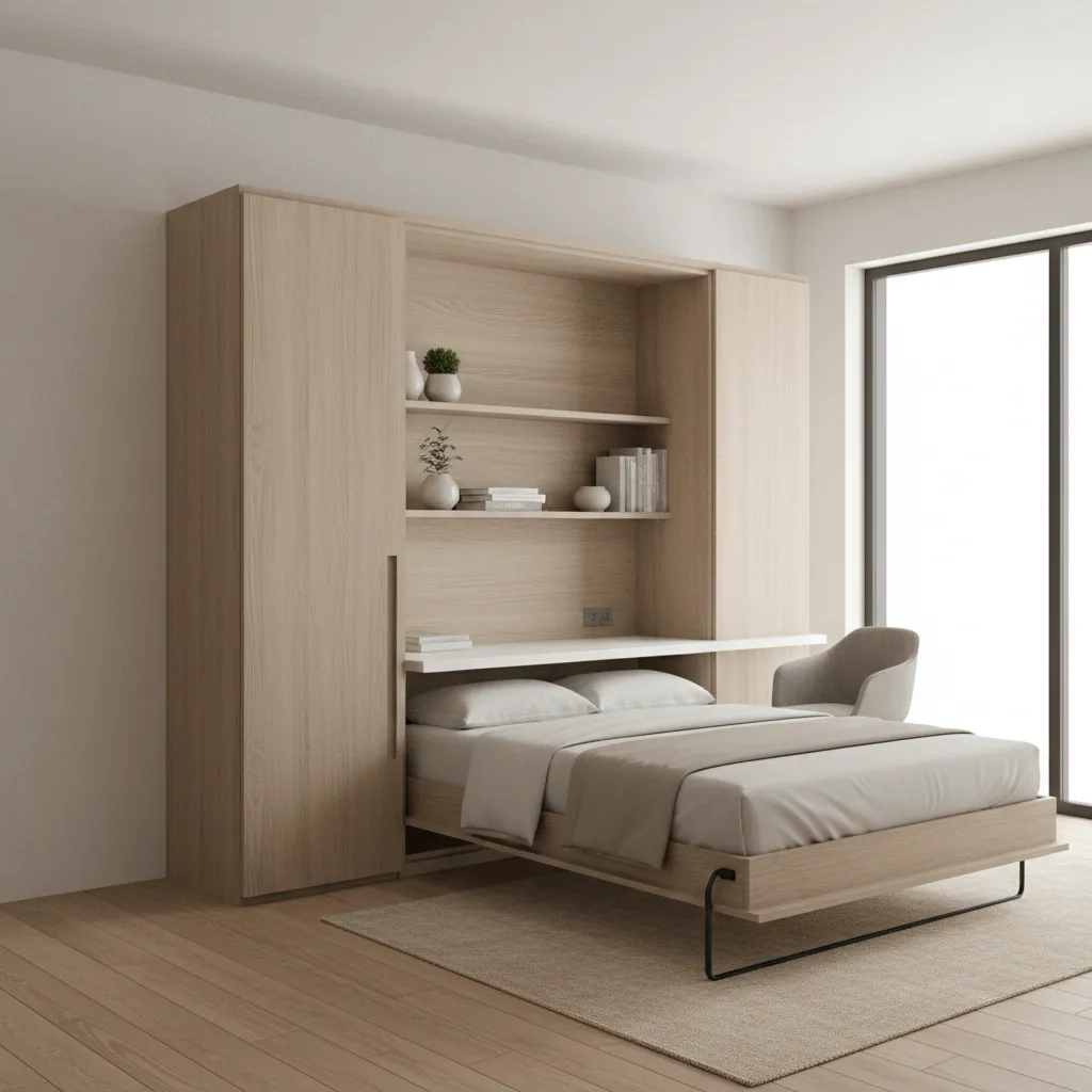 murphy bed with desk setup transforming a small room office into bedroom