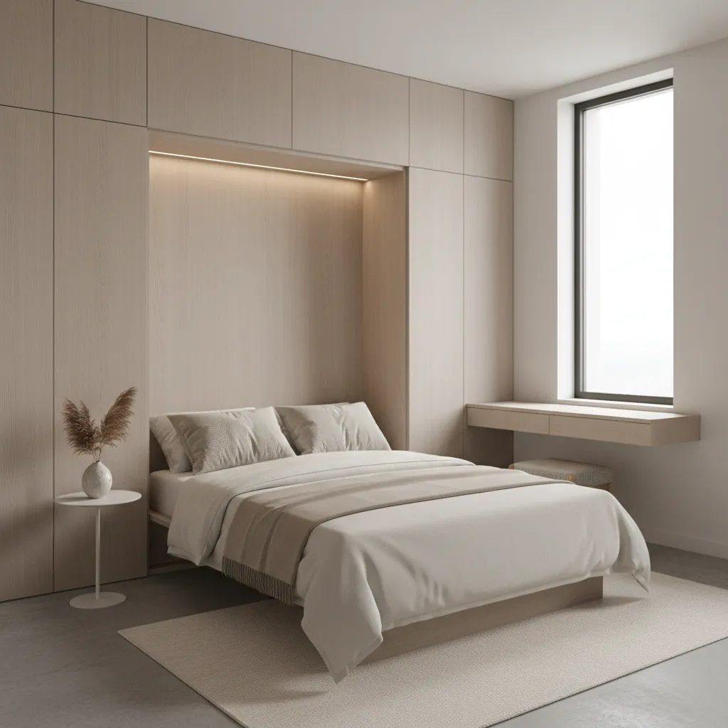murphy bed folding down from wall in a compact bedroom