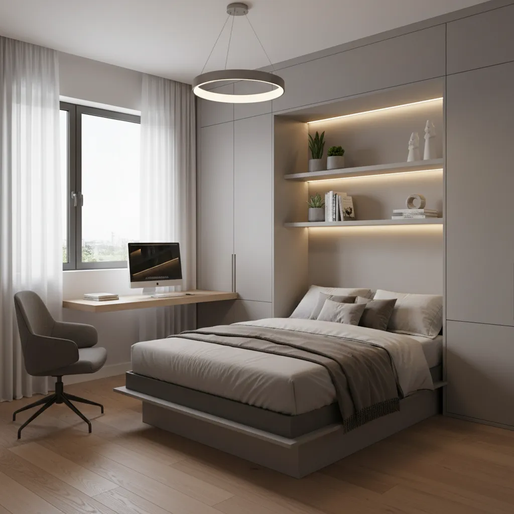 Murphy bed folded down in home office guest room