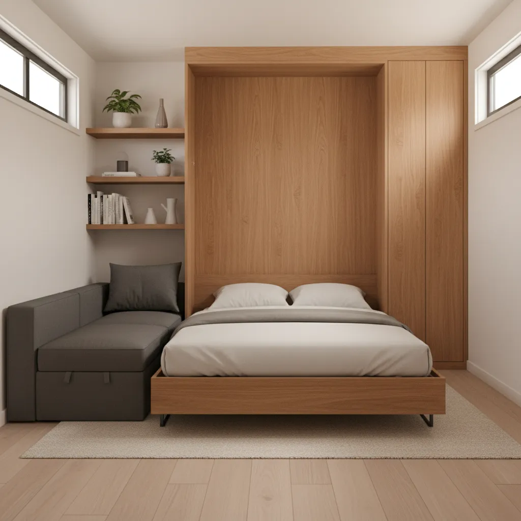 murphy bed transforming tiny house living room into bedroom