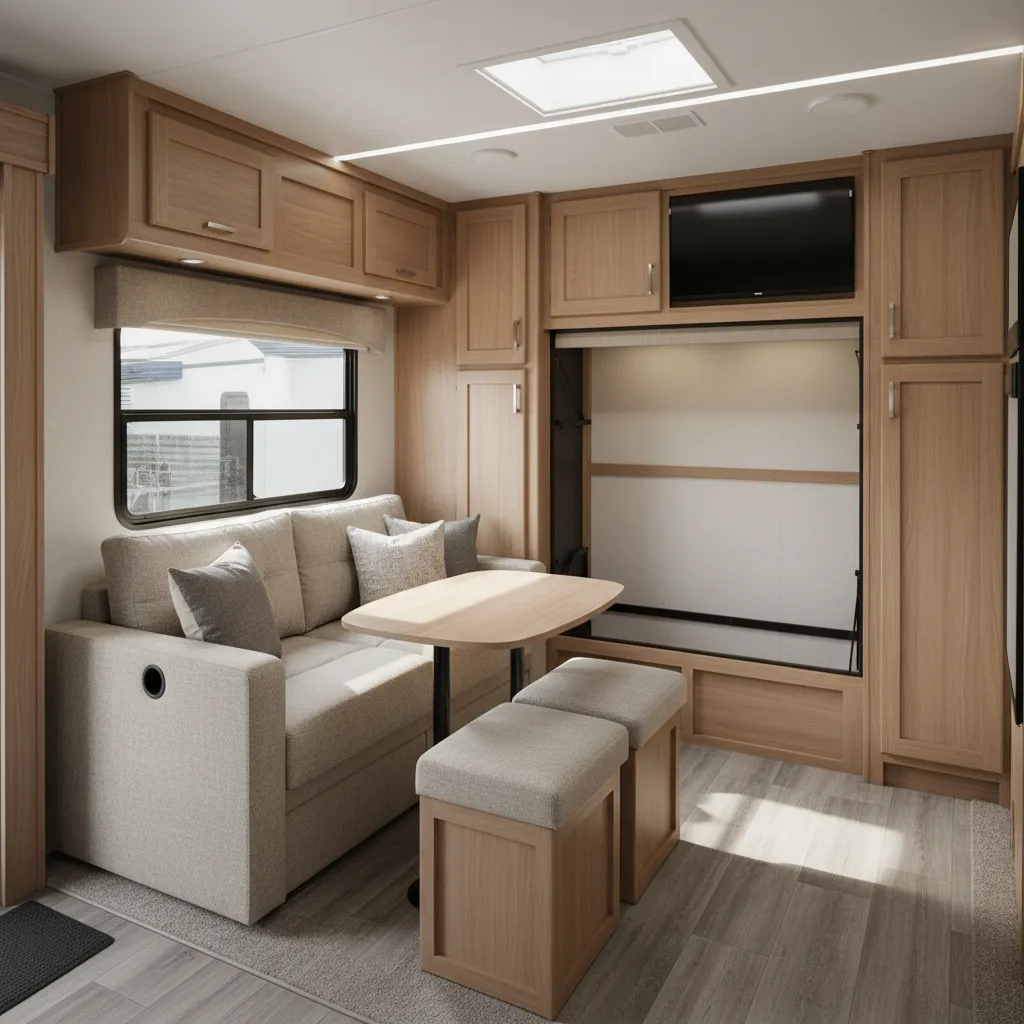 Murphy bed converting into sofa inside a small travel trailer