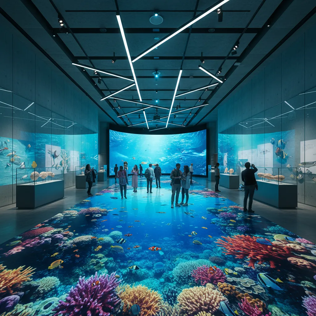 Museum exhibition hall with immersive underwater themed 3D floor graphic