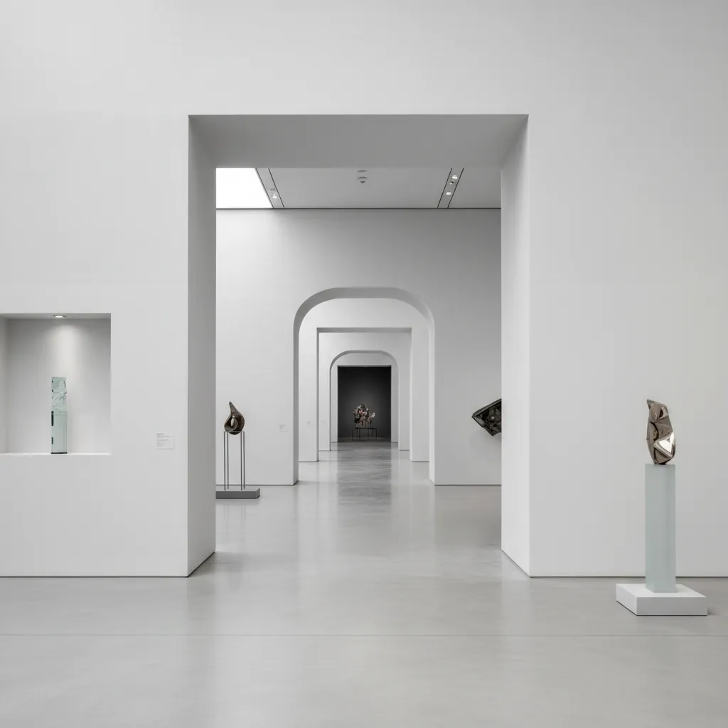 Long white museum interior design drawing with several arched doorways and sculptures on individual pedestals