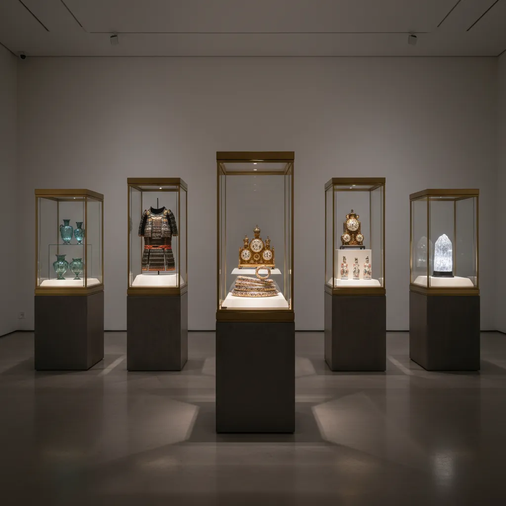 Interior design drawing of glass display cases showing old vases and armor in dark room