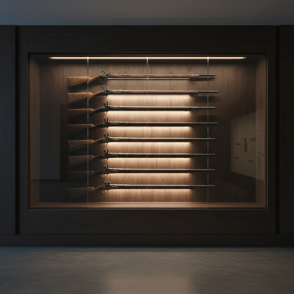 Museum firearm display with soft LED lighting highlighting historic rifles