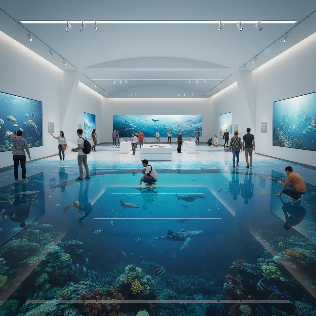 Large museum hall with underwater floor design featuring sea creatures people walking and wall screens