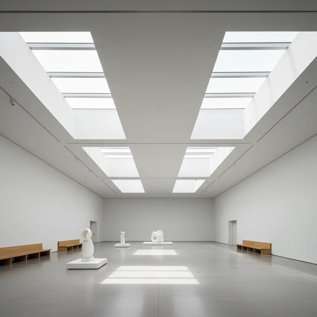 Bright museum gallery featuring white walls large roof windows white sculptures and long wooden benches
