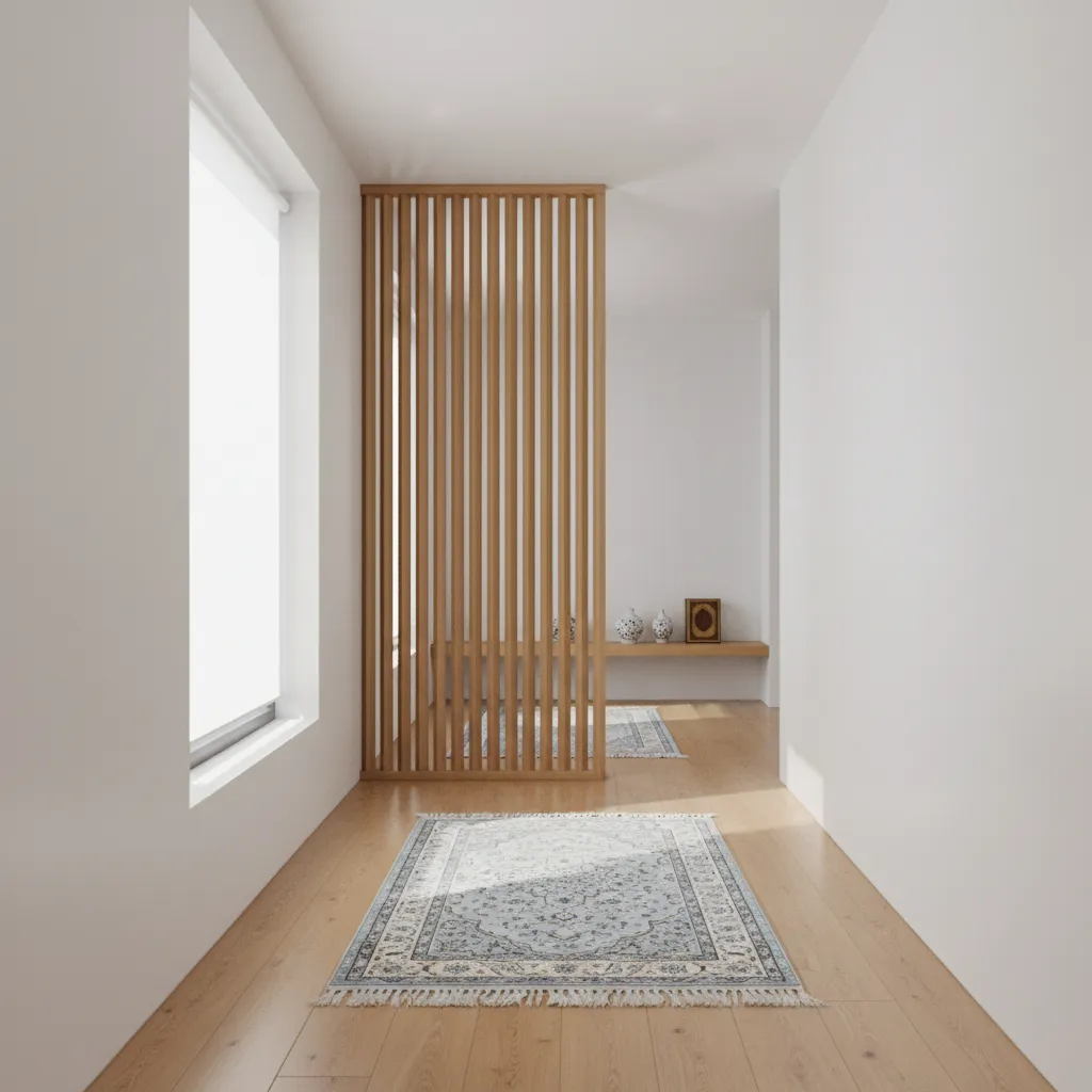Minimalist white hallway with wooden floor patterned rug wooden slat divider and natural bright window
