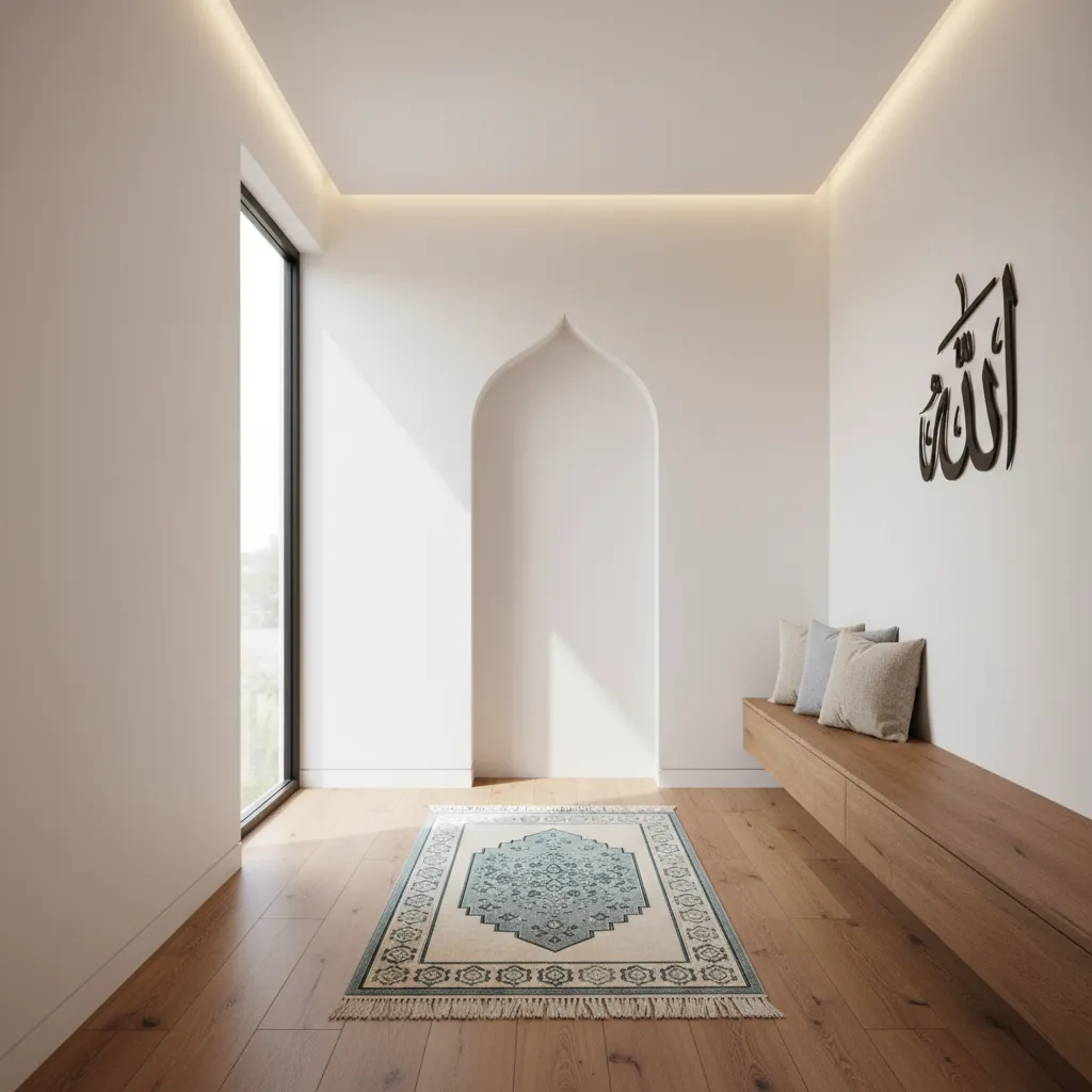 Minimalist prayer room with white walls, wooden floor, blue rug, arched wall, and wooden bench