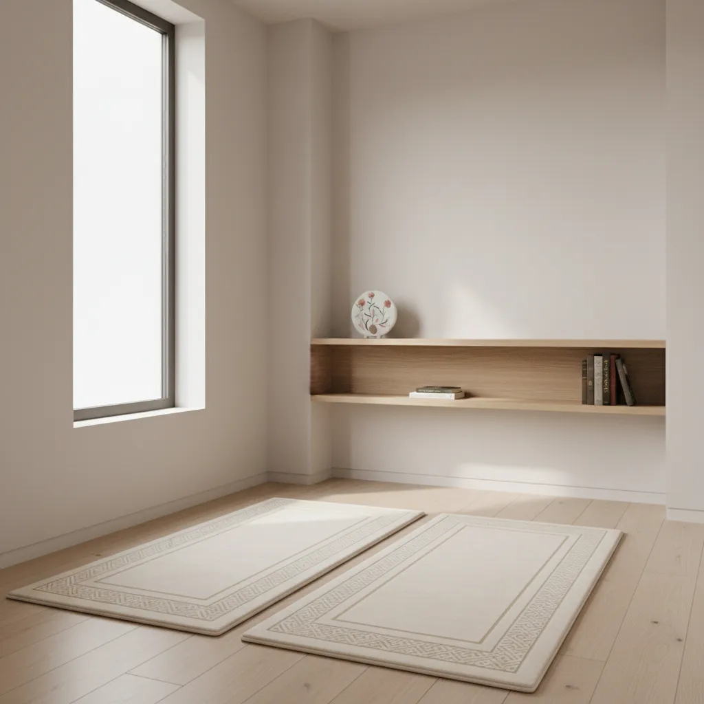 Minimalist room with white walls wooden floor large window two prayer rugs and wall shelf