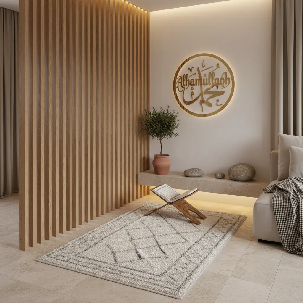 Minimalist prayer room with wooden wall panels grey rug small plant and wooden book stand