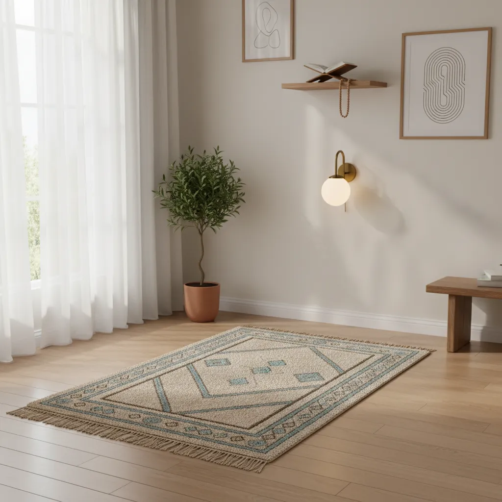 Small bright room featuring a patterned rug wooden floor wall light white curtain and plant