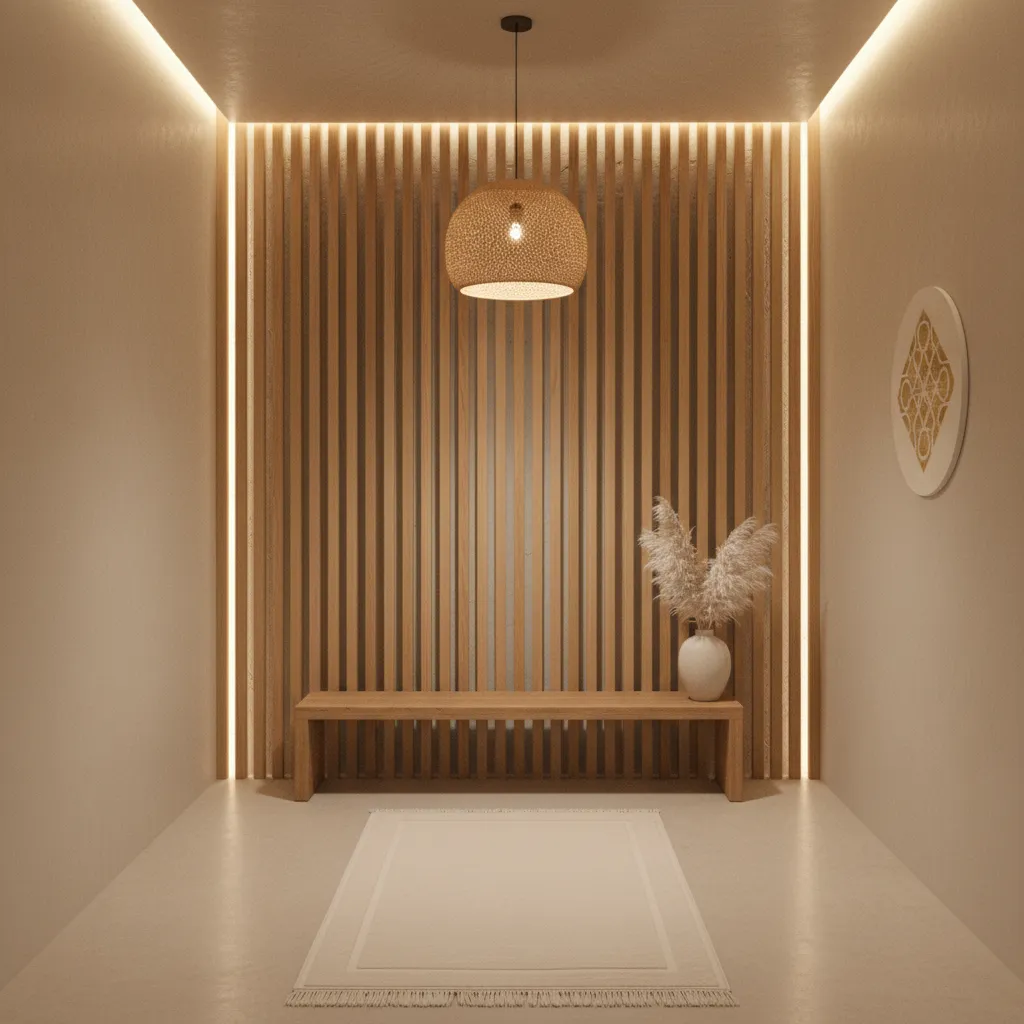 Minimalist room with wood wall panel wooden bench ceiling light white rug and wall art