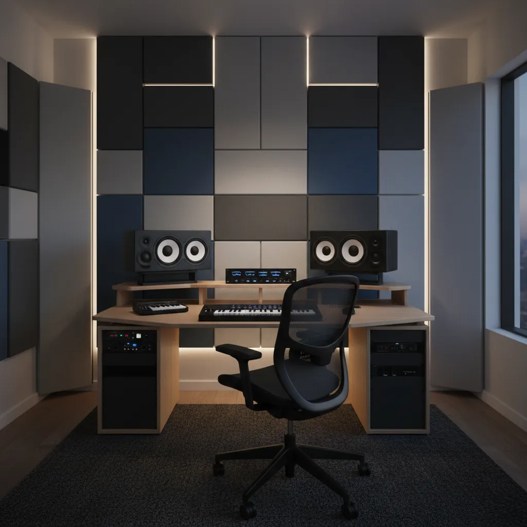Music producer desk with studio monitor triangle layout and acoustic panels