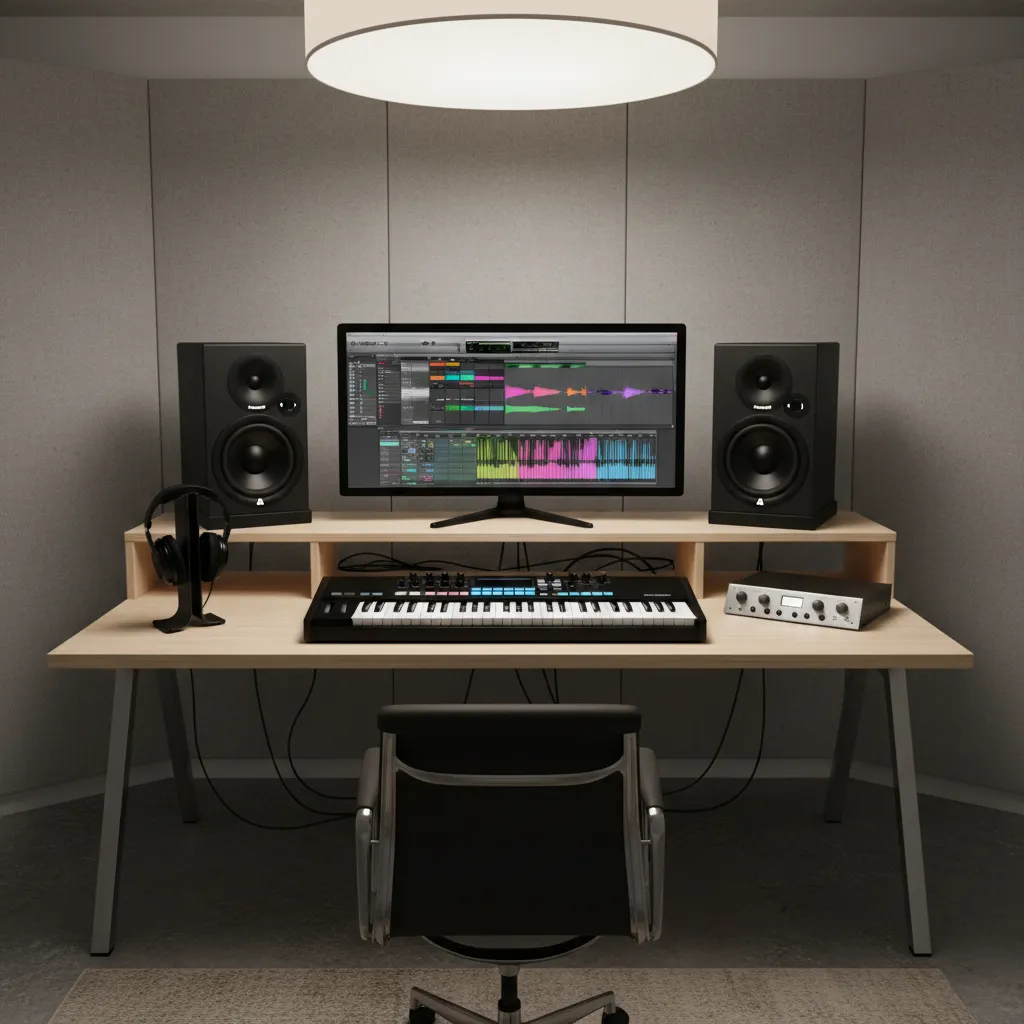 Organized music production desk with keyboard controller and monitors