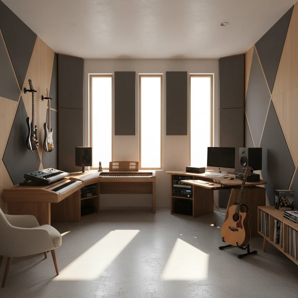 Music room layout with clear movement space around instruments