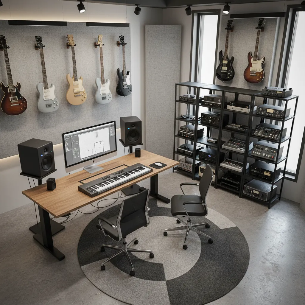 music studio layout planning with desk instruments and wall decor arrangement