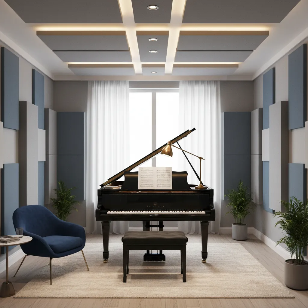 Music practice room with layered lighting and illuminated music stand