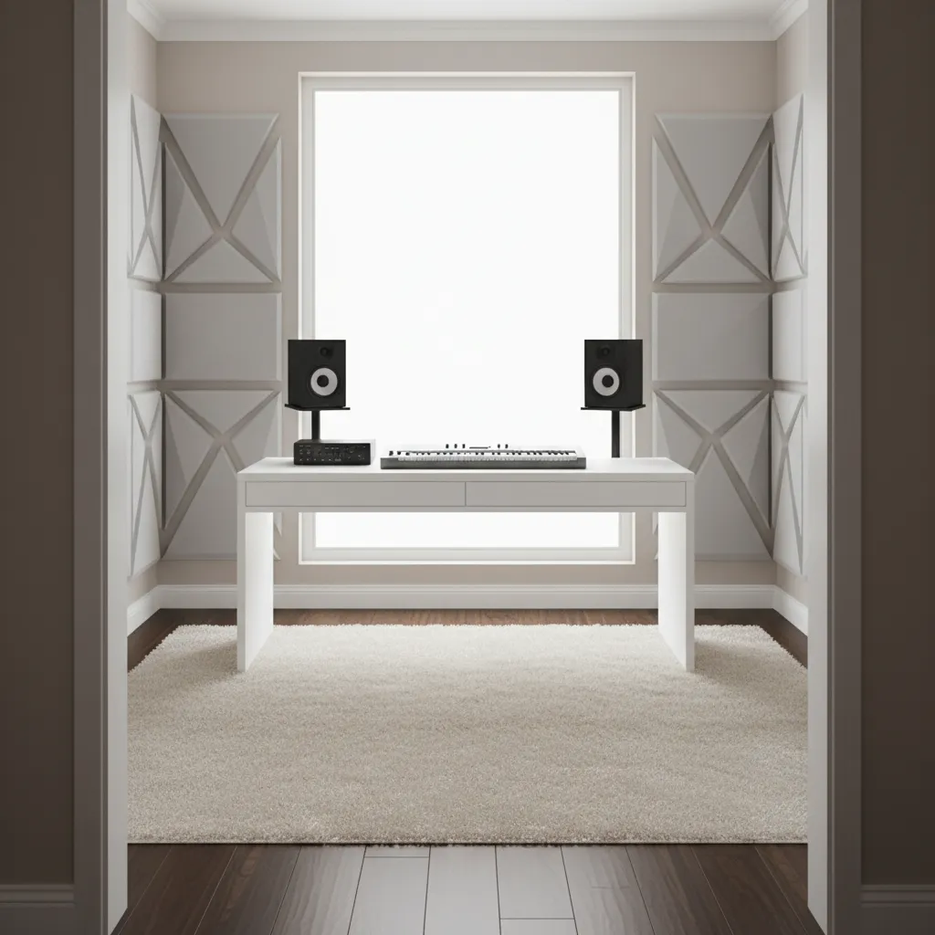 Music production desk facing into room with symmetrical studio monitors