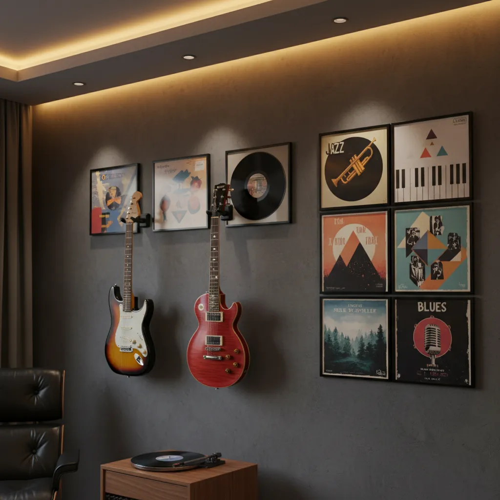 music themed wall decor with vinyl records framed posters and guitars