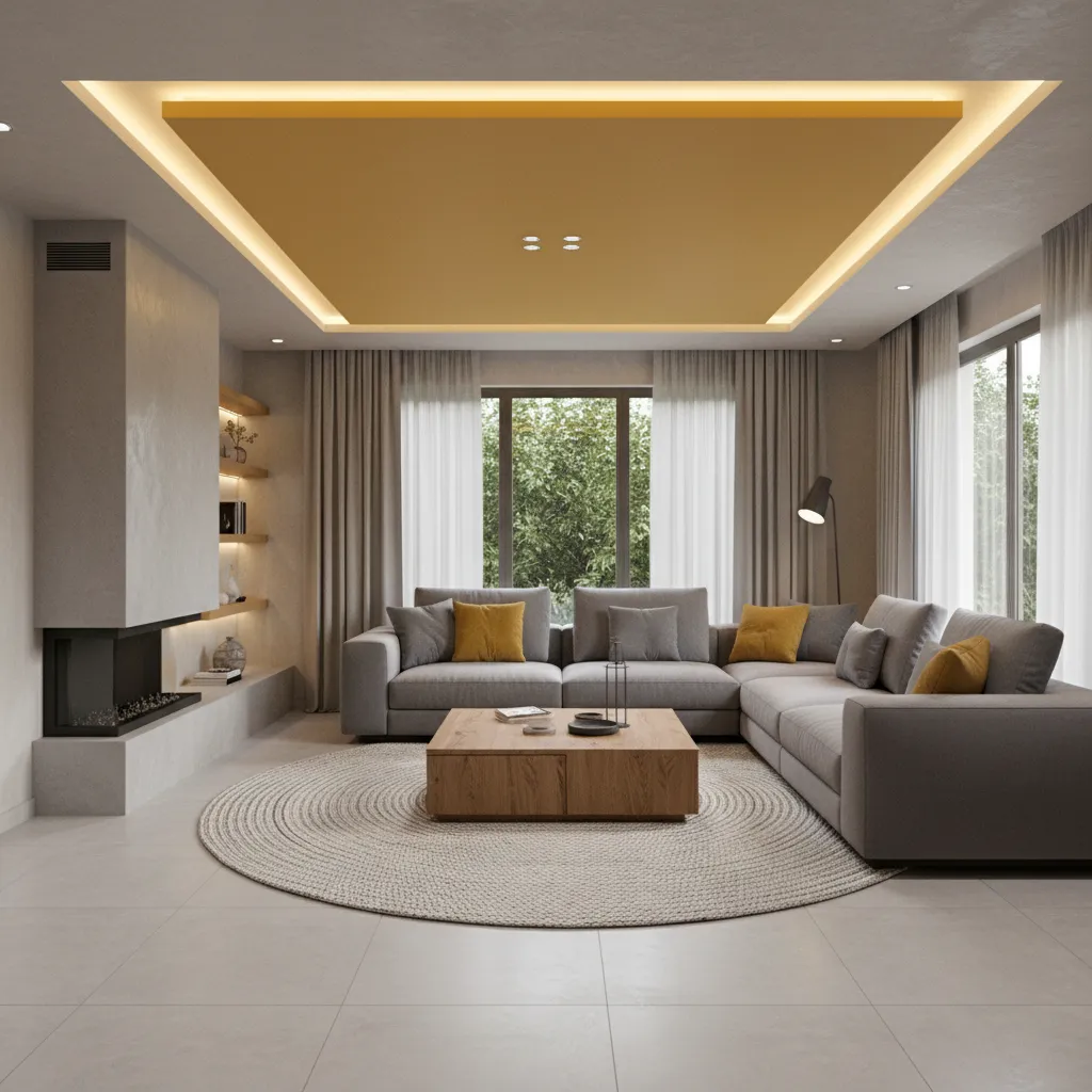 hall interior with mustard and grey pop ceiling design