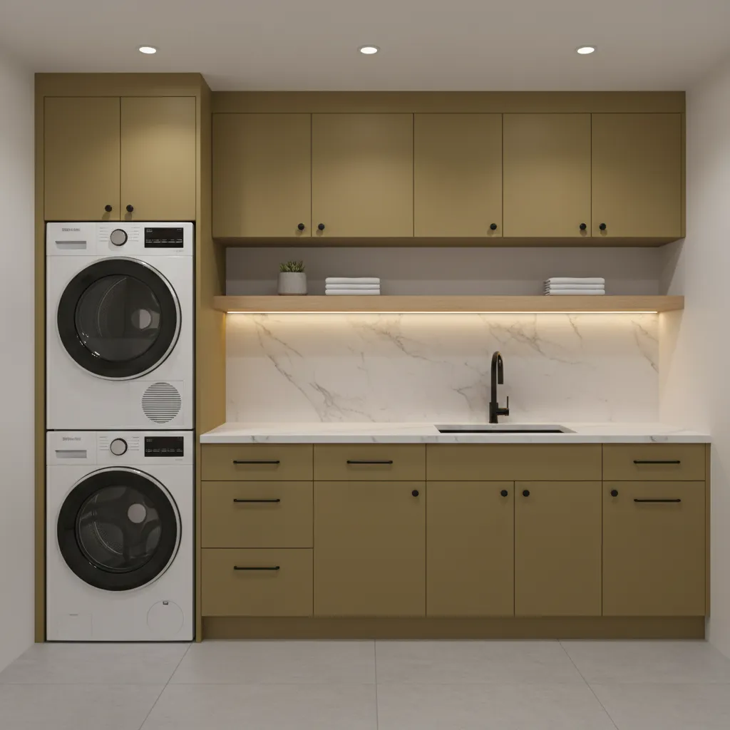 mustard yellow cabinets paired with white appliances in modern laundry room