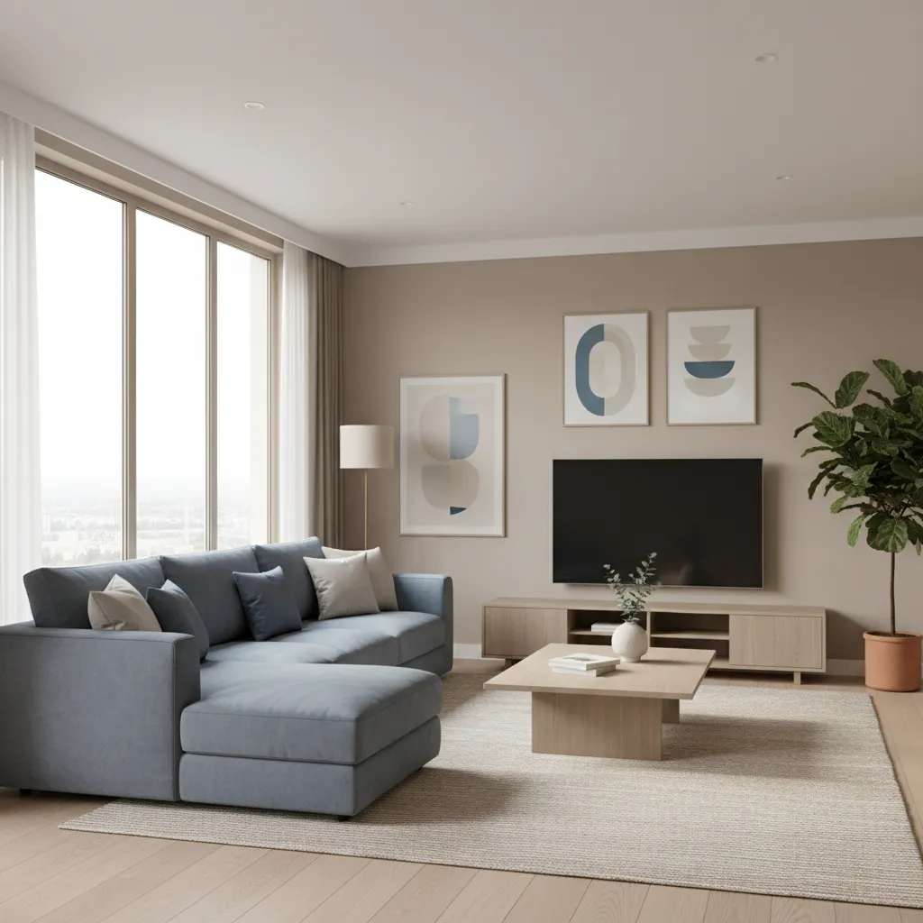 Living room featuring a muted blue sofa with neutral surroundings