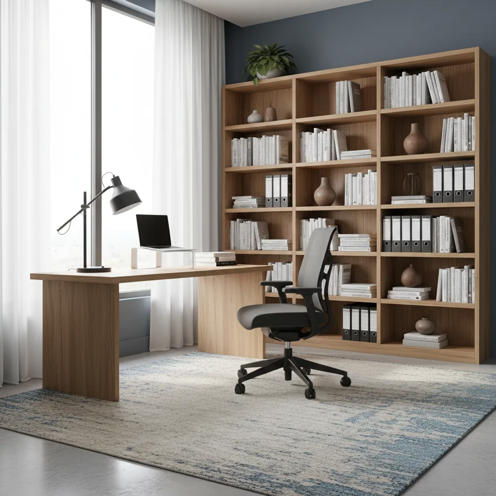 Study room with muted blue walls desk chair and bookshelf designed for focus