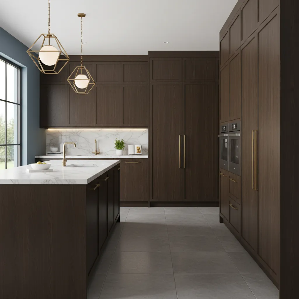 Muted blue wall paint with dark brown kitchen cabinets