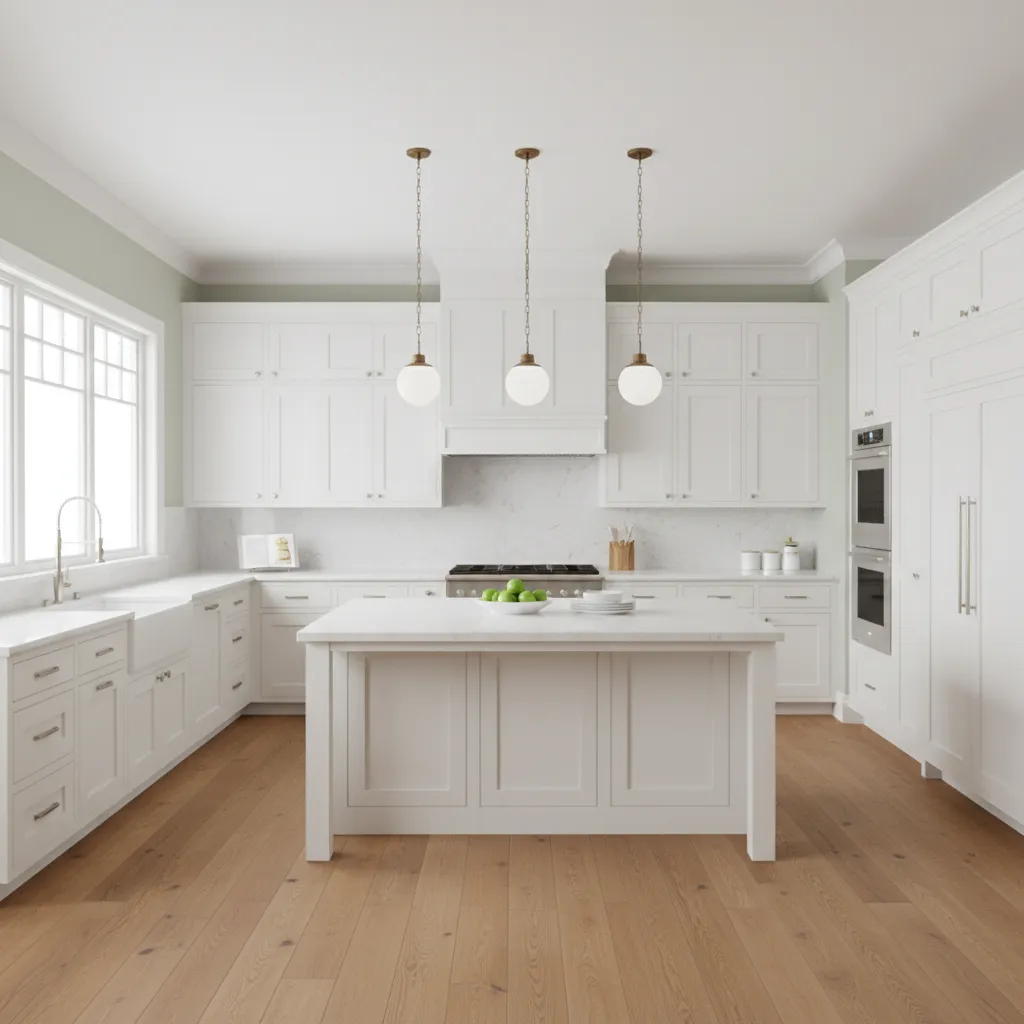 Muted green kitchen walls with white cabinets and central island layout