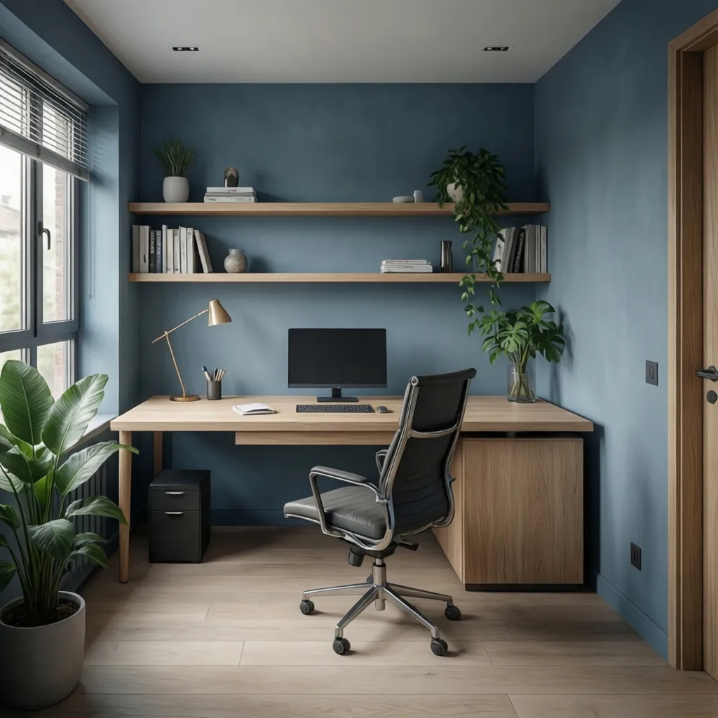 Modern home office with dusty blue walls and light wood furniture