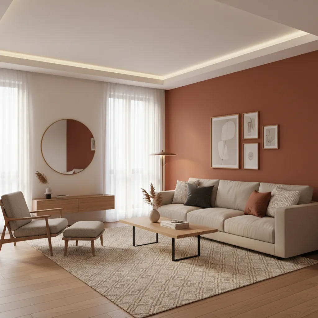 Interior wall painted in muted terracotta red tone with modern decor
