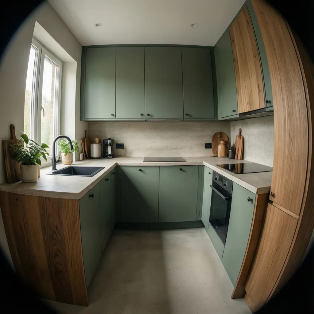 Small kitchen with muted sage green cabinets and light countertops