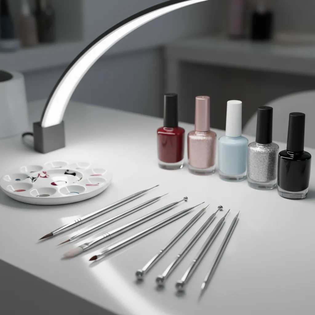 Close up of nail art brushes and dotting tools on a manicure table